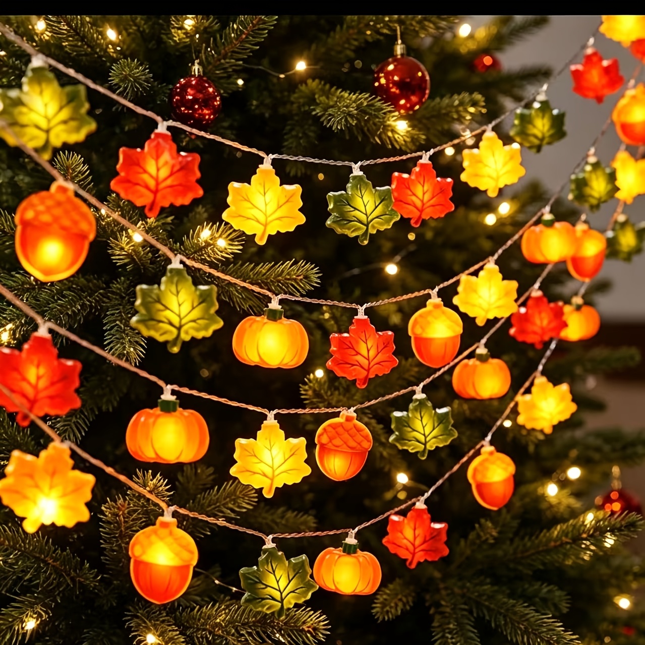 Plastic Pumpkin Maple Leaf Shaped Led String Warm Halloween Thanksgiving Decoration For Indoor Outdoor Camping Tent Porch Fireplace Use Not Battery