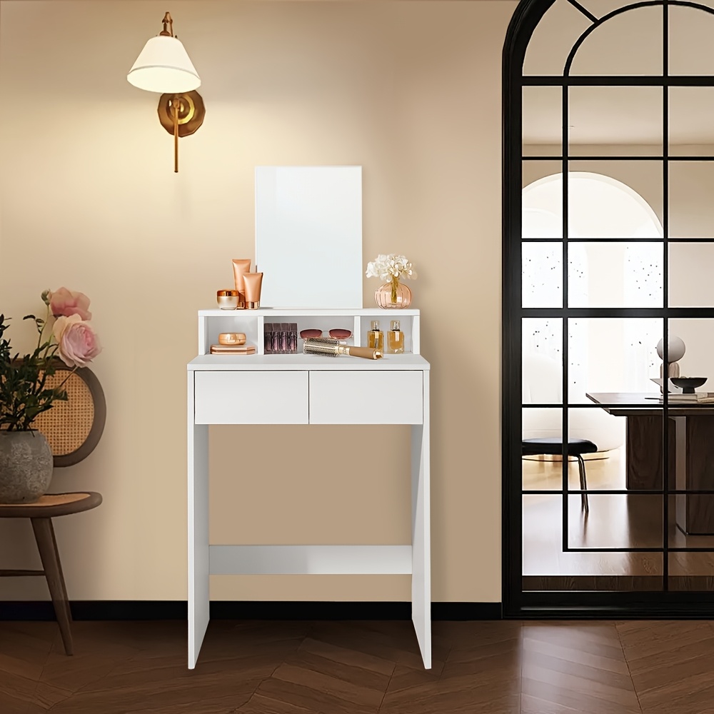 TEMU Coiffeuse avec grand , table de Cosmétique, table de toilette avec 2 tiroirs et 3 compartiments, moderne