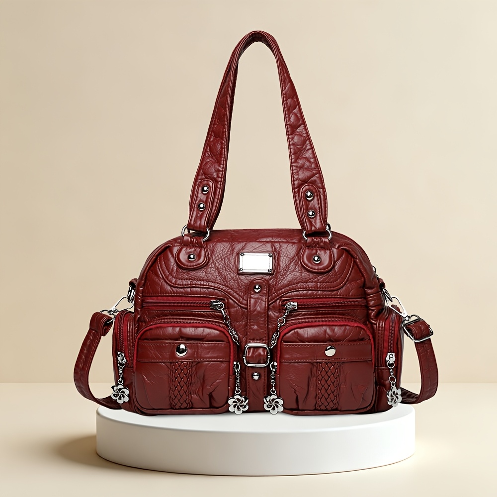 Pu Women's Shoulder Bag, Crossbody Bag, Travel Bag With Multiple Zippers And Rivet Design