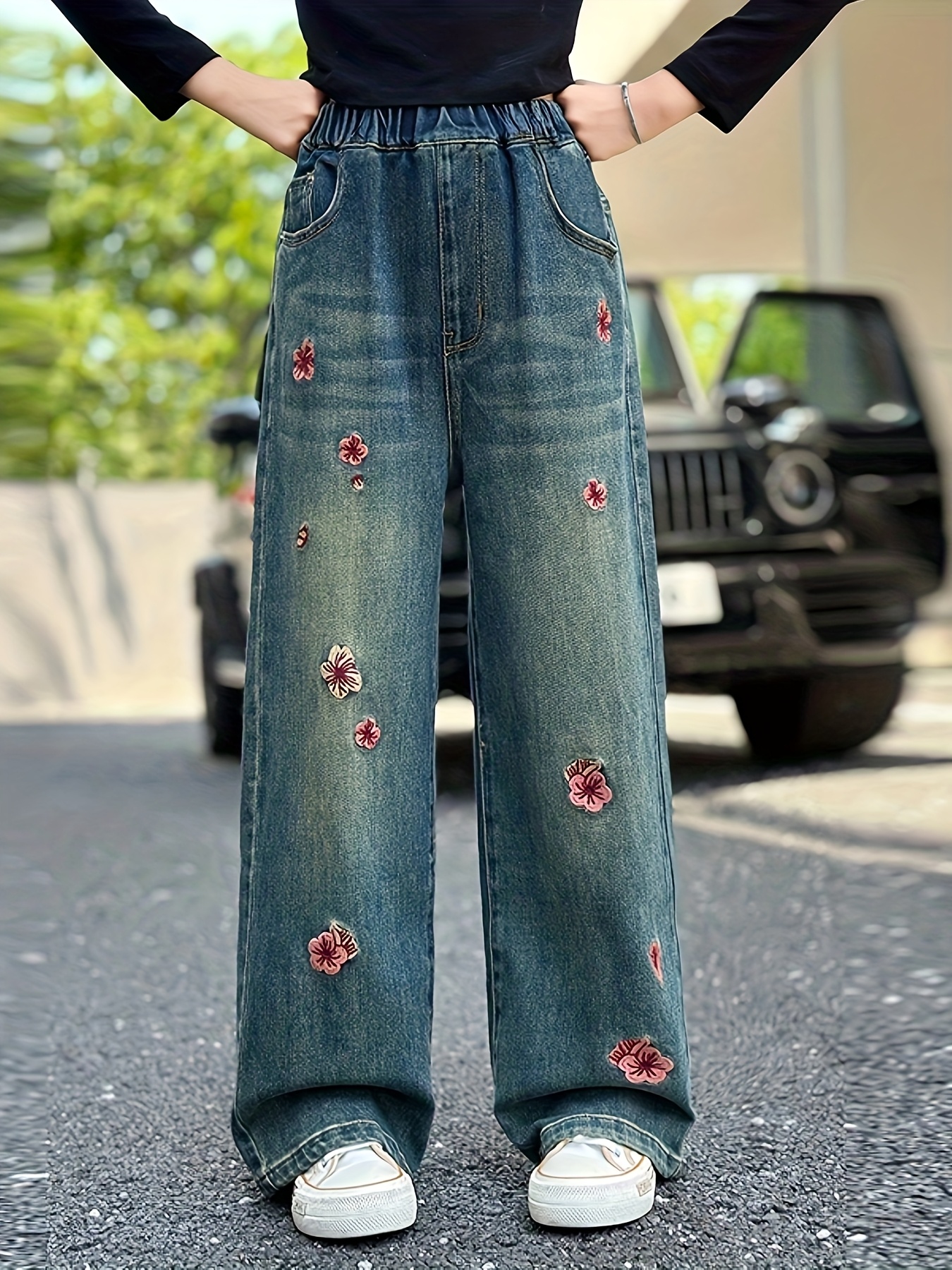 girls embroidered jeans middle school students Temu United Arab - Main Image