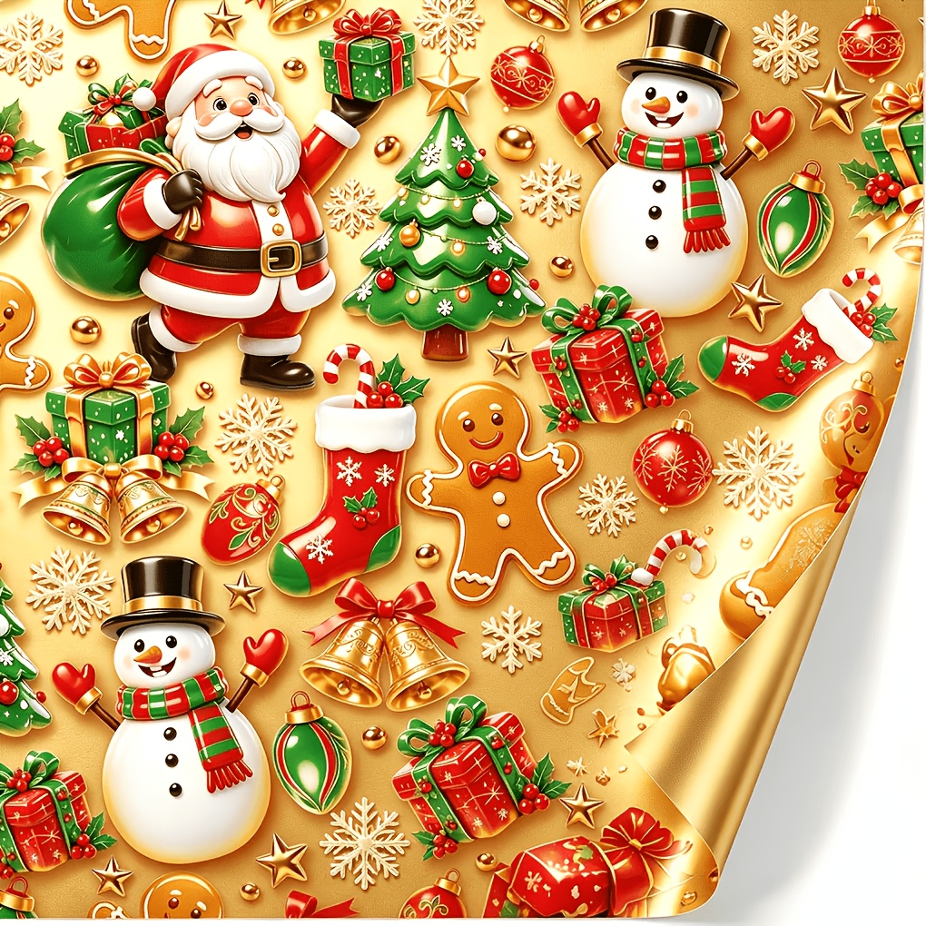 TEMU Roll Golden Suitable For Diy Christmas Wrapping Paper With Gingerbread Men, Snowmen, Bells & Tree Patterns - Single-sided Coated Craft Paper