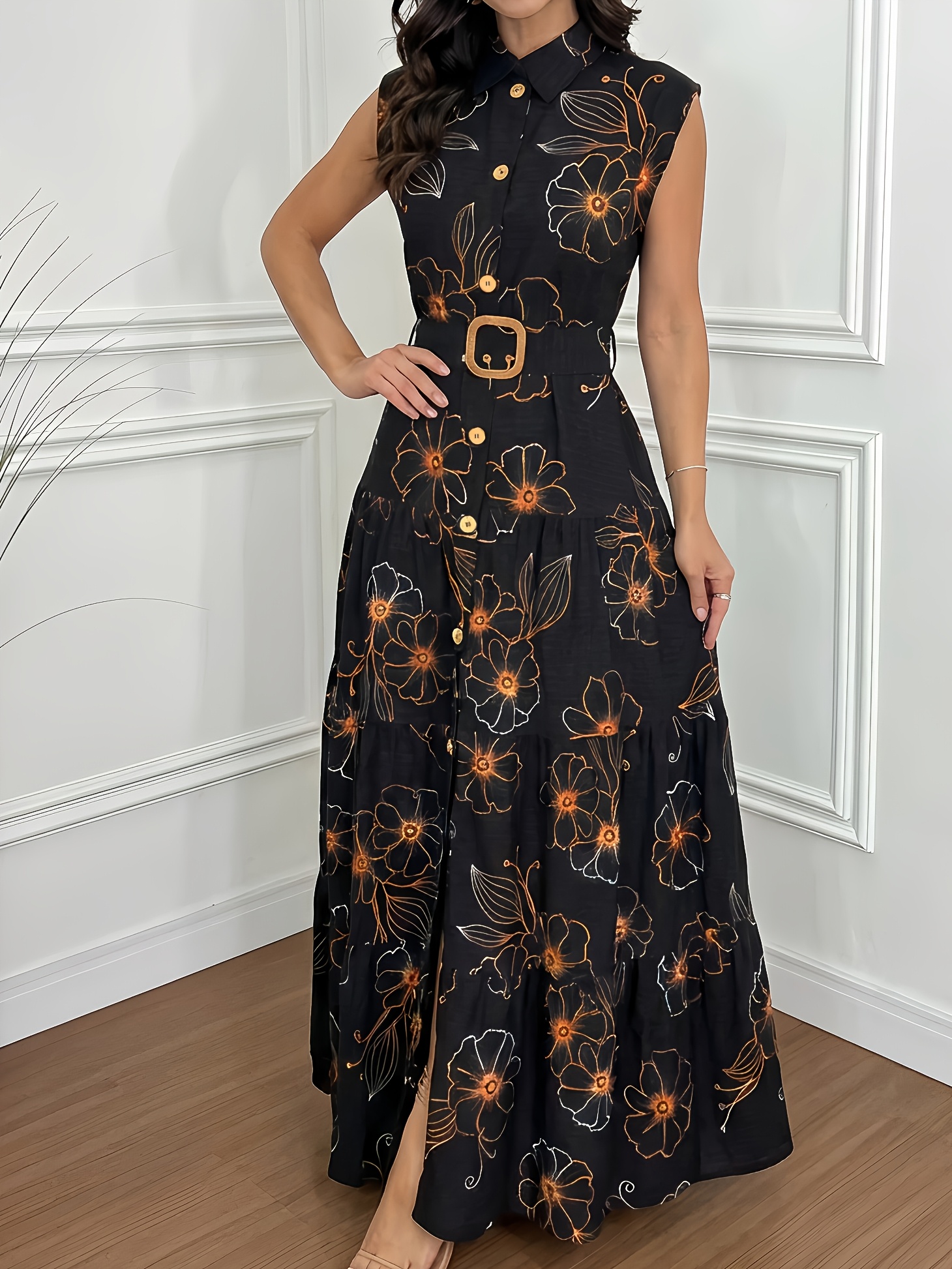 womens vacation floral print sleeveless belted a line dress - Temu