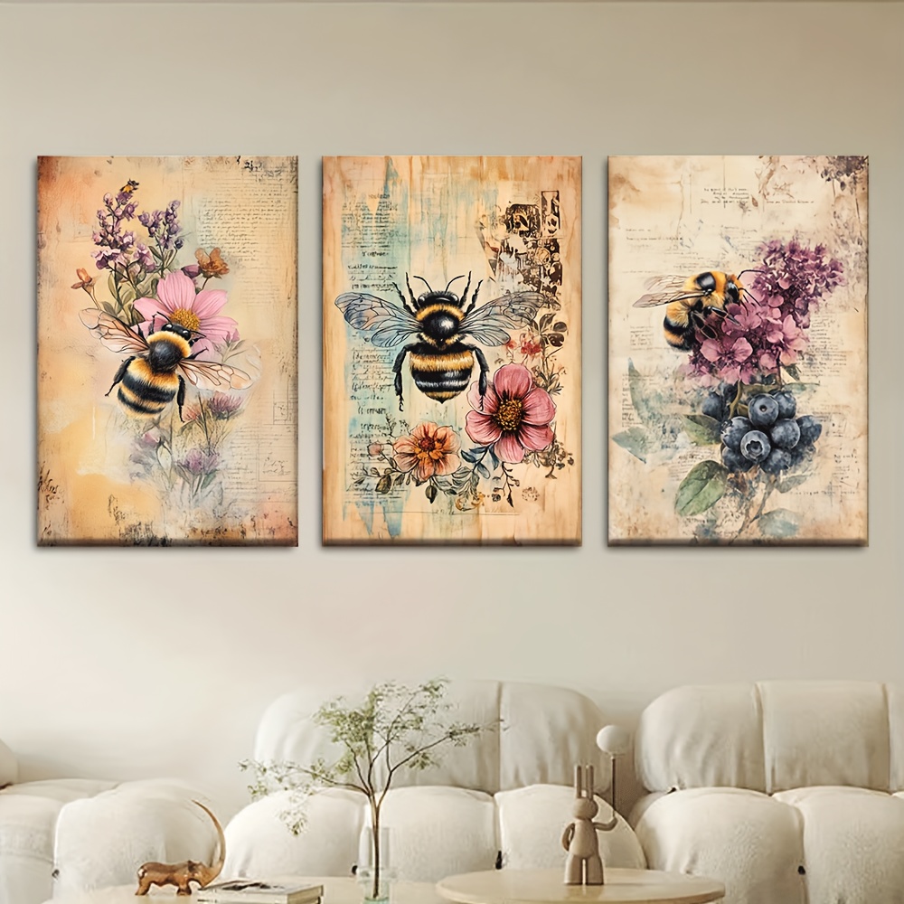 TEMU 3pcs/set, Canvas Painting--unframed, Vintage Bees And Floral Designs, Posters And Prints, Living Room, Library, Office, Cafe, Bar, Abstract Art,