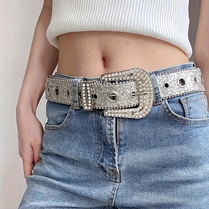 

Trendy Sparkling Rhinestone Bb Belts Classic Solid Color Pu Leather Waistband Hip Hop Jeans Pants Belts