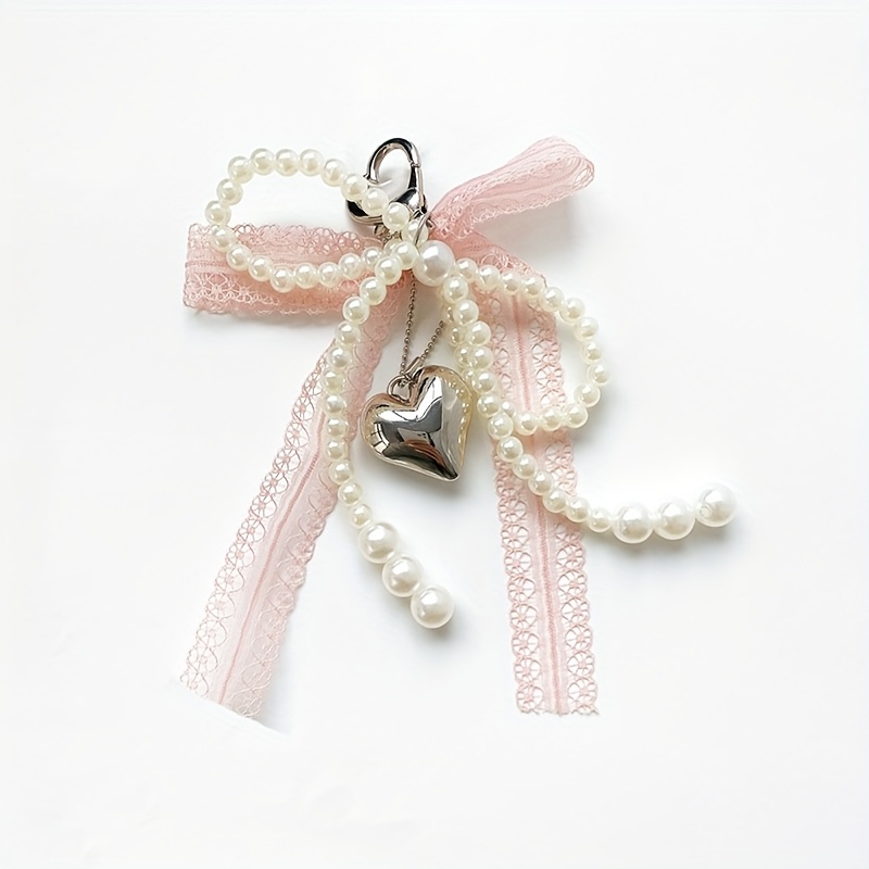 Image of Lace Pearl Bow Keychain, Ladies Pearl Bow, Bag Pendant Keychain, Backpack Charm Keychain, Heart-shaped Bag Pendant, Bead Keychain, Bow Pendant, Keychain Additions For Gifts, Wallets, Bags, Backpacks