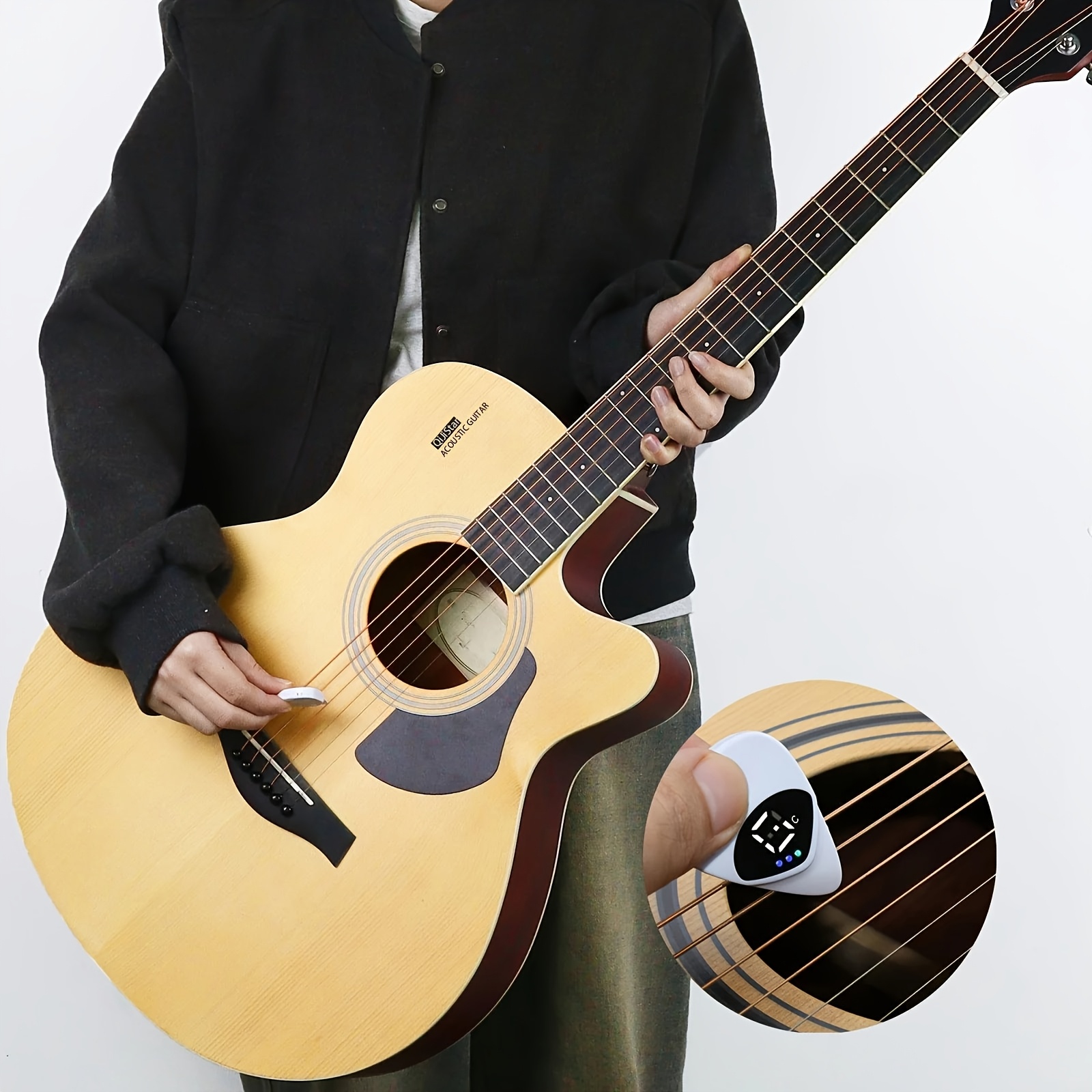 QiJiStar 2-in-1 Guitar Pick & Tuner - Portable, Multi-Purpose Pitch Calibrator for Folk Guitars and Ukuleles, 12-Tone Equal Temperament, Battery Powered, White ABS Resin