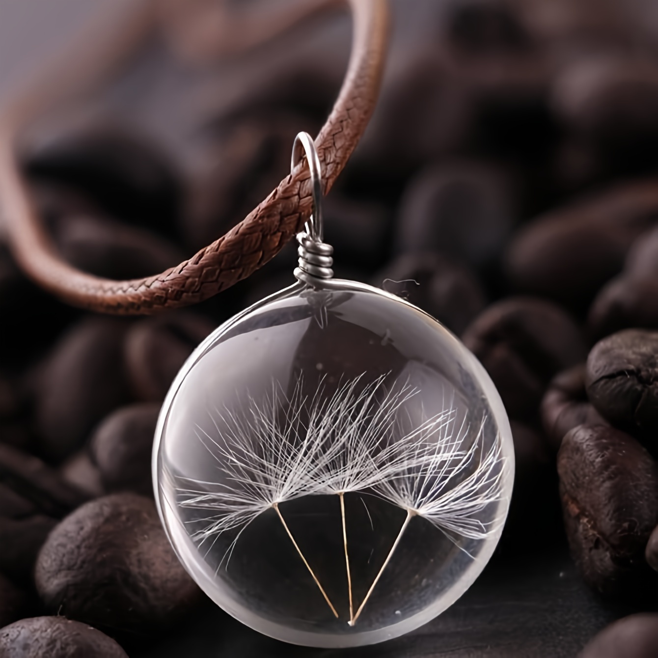 

Dandelion Seed Pendant Necklace, Simple Style Round Glass Wish Necklace With Braided Leather Cord, Transparent Flower Jewelry, Elegant Gift For Women