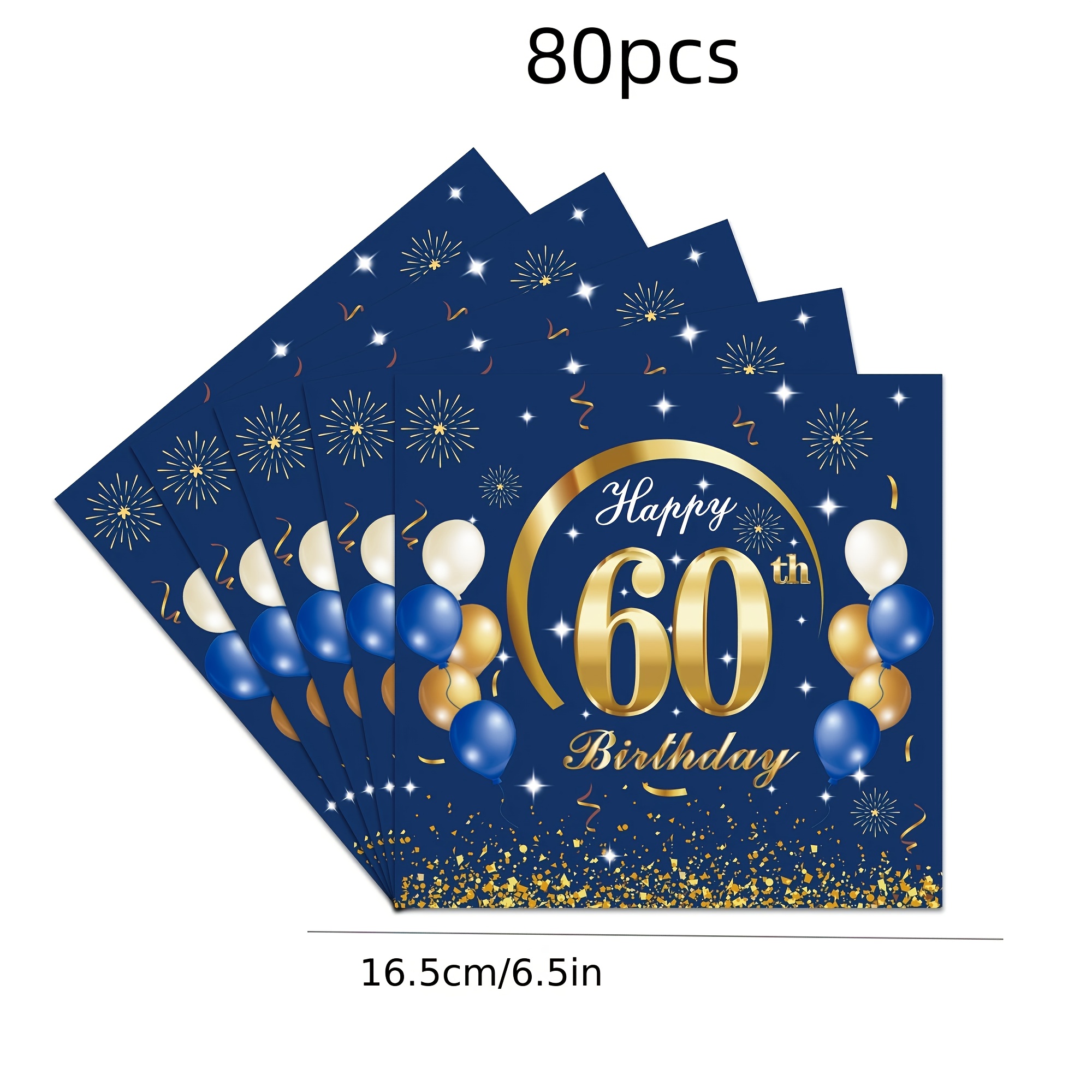 80-pack Blue Party Napkins, 60th Birthday Navy Blue And Golden Cocktail Paper Napkins, Beverage Napkins, 6.5 Inches, Suitable For Birthdays, Weddings, Dinners, Disposable Supplies