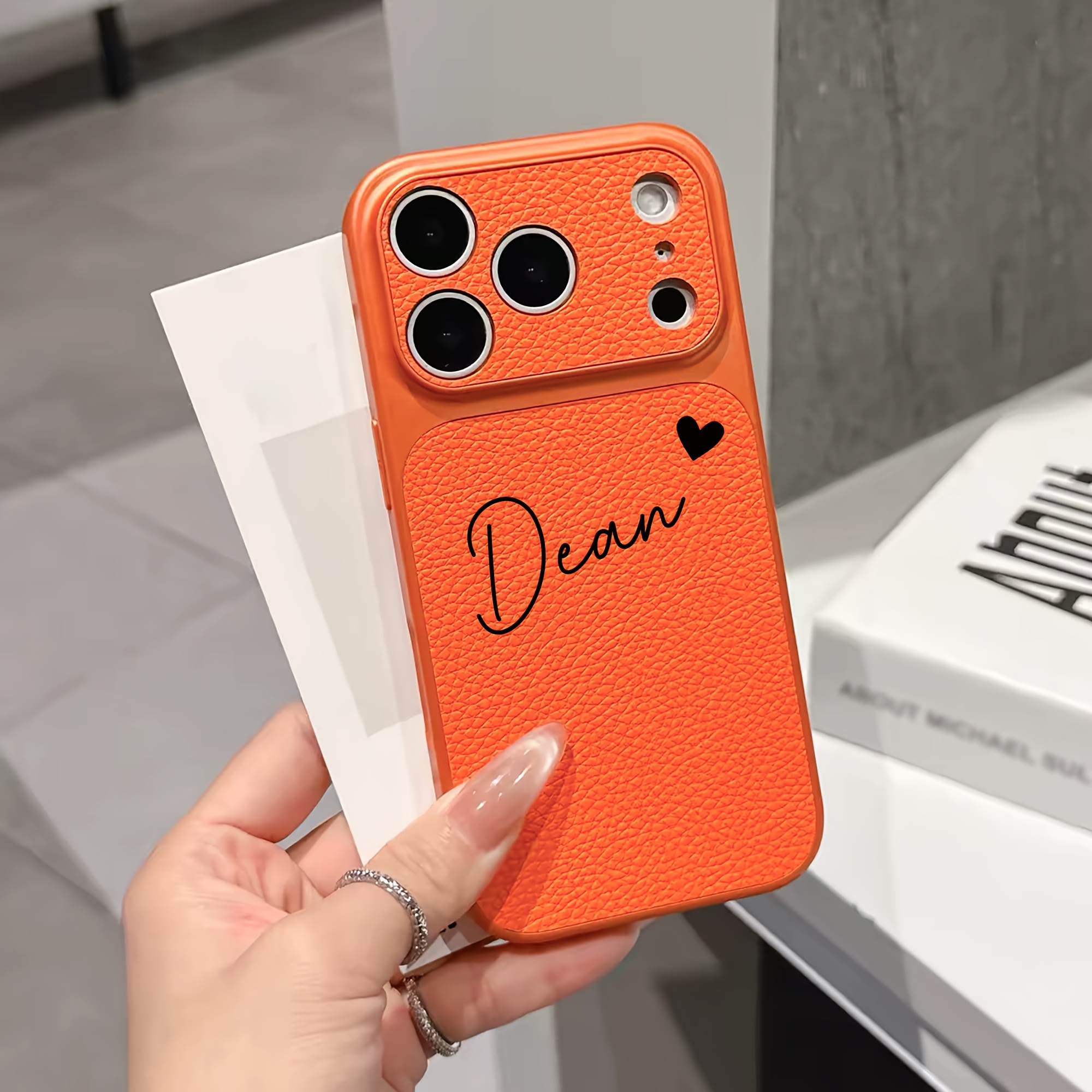 TEMU Phone Case: Personalized Custom Heart Handwritten Name Design Phone Case Compatible With Iphone 18 17 16 15 Pro Max Texture Synthetic Leather