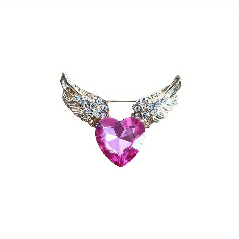 Elegant Wings Heart Brooch Pin, Love & , Enamel & Alloy With Glass Rhinestones, Cute Novelty Cartoon-themed Fashion Accessory For Women