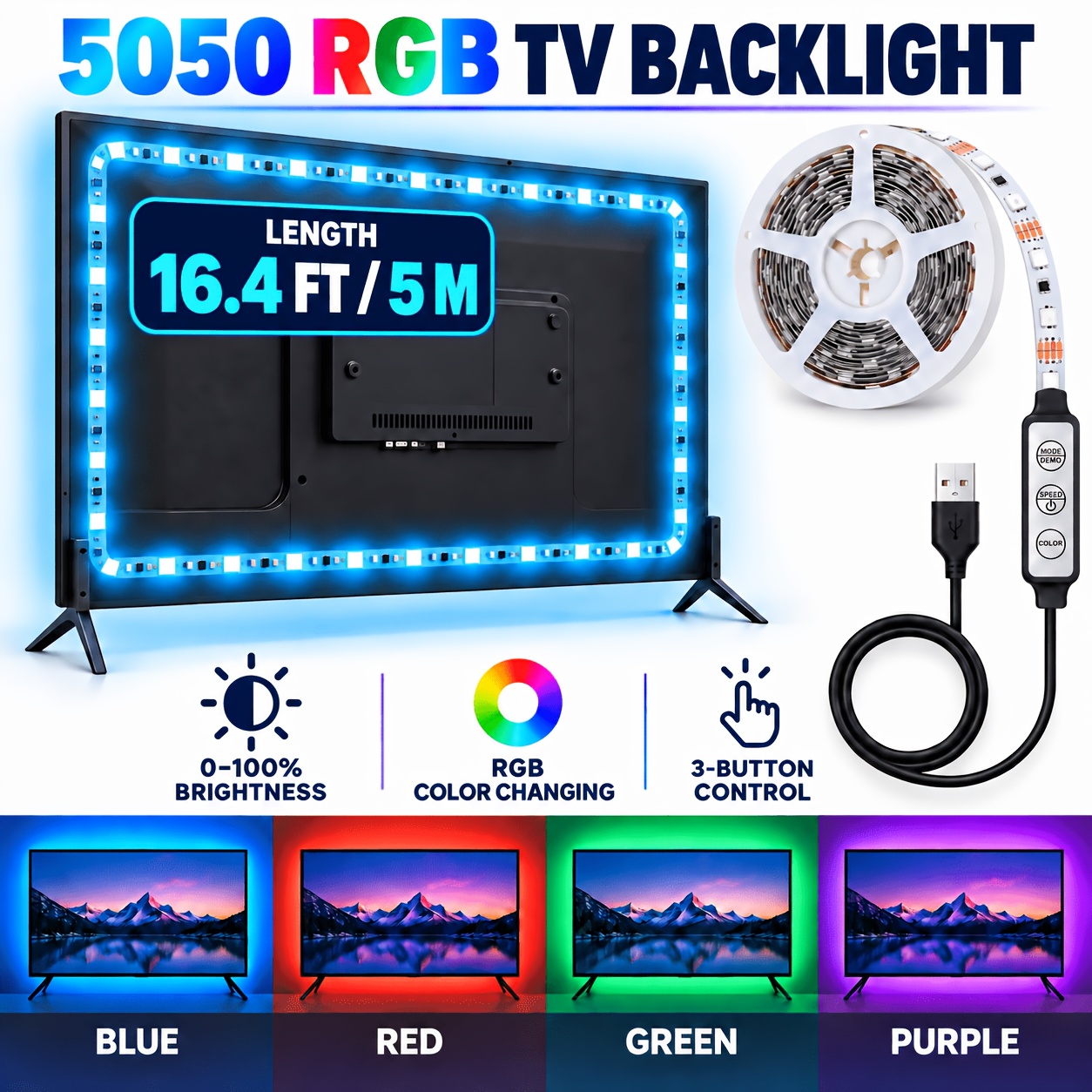 TEMU Gupup 16.4ft - 3.28ft Led Light Strip, Rgb Synchronization, Usb Power Supply, 5v 3-key Control, With Dynamic And Static , Suitable For Tvs