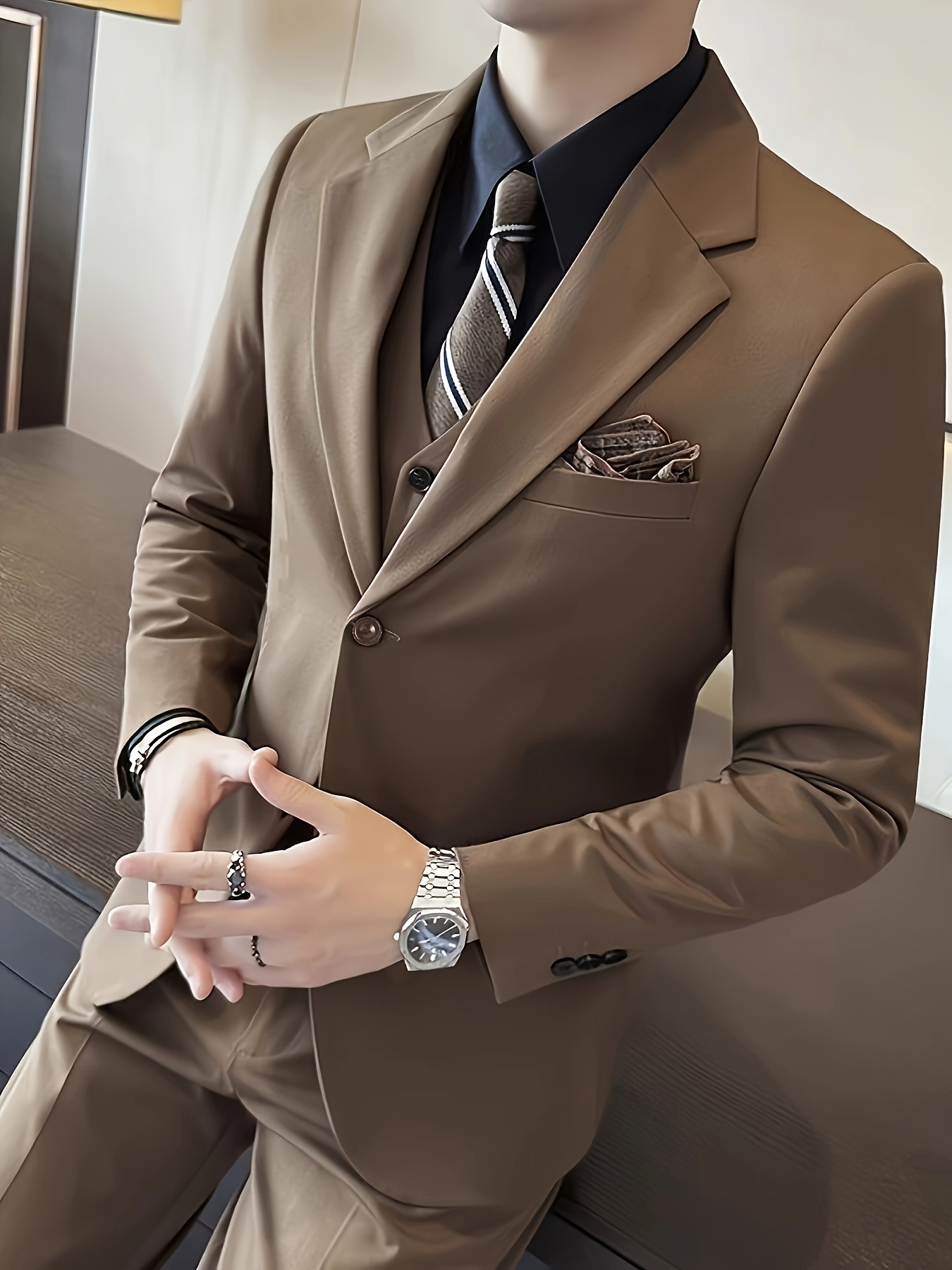 Men'S Elegant Dark Brown Double-Breasted Blazer - Slim Fit, Long Sleeve, Polyester, All-Season Jacket for Formal & Casual Occasions, No Scarf, Formal Attire|Sleek Lapel|Polyester Fabric