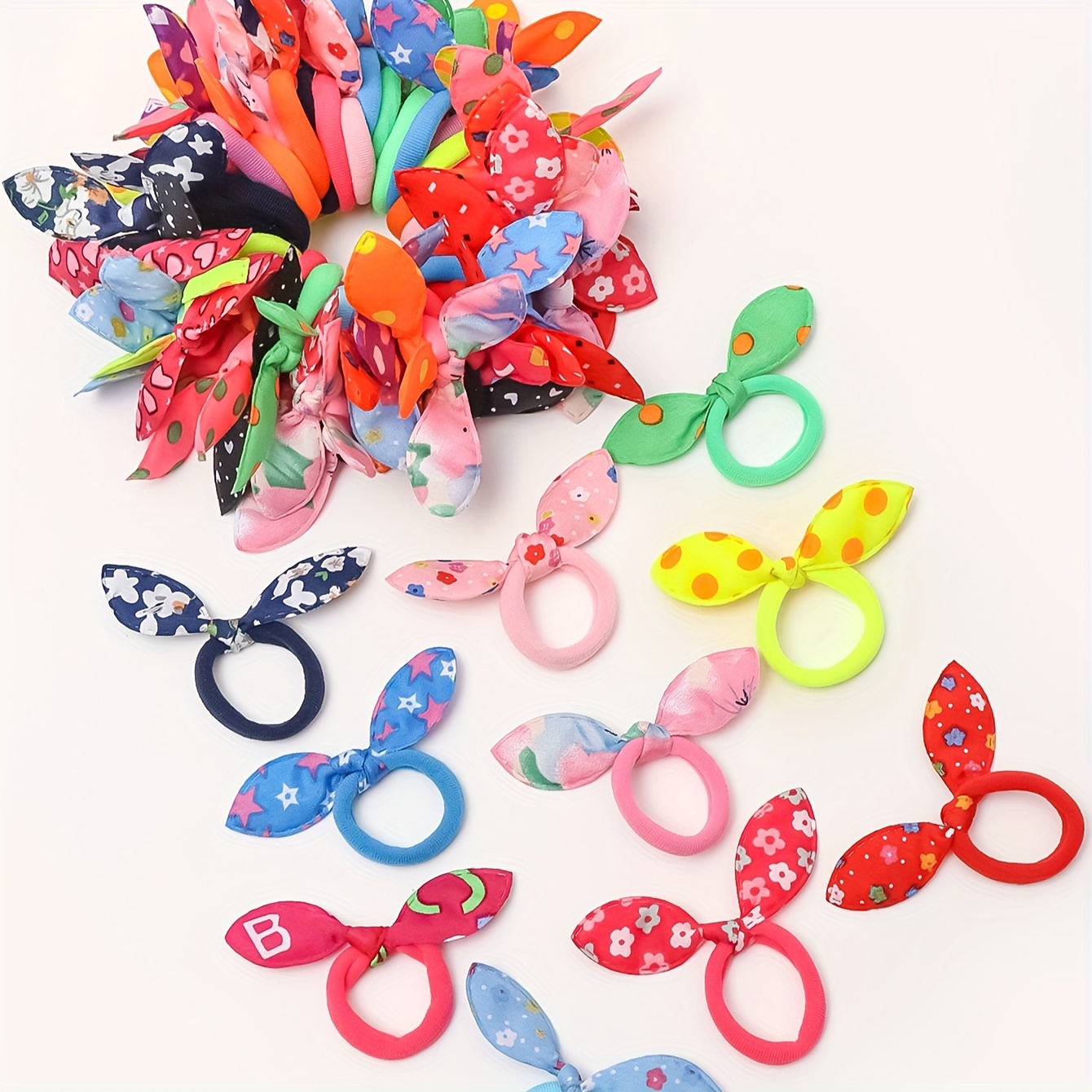 

50pcs Vibrant Floral Bunny Ear Hair Ties - Assorted Colors, Polyester Fabric, Bands With , Rabbit Accessories