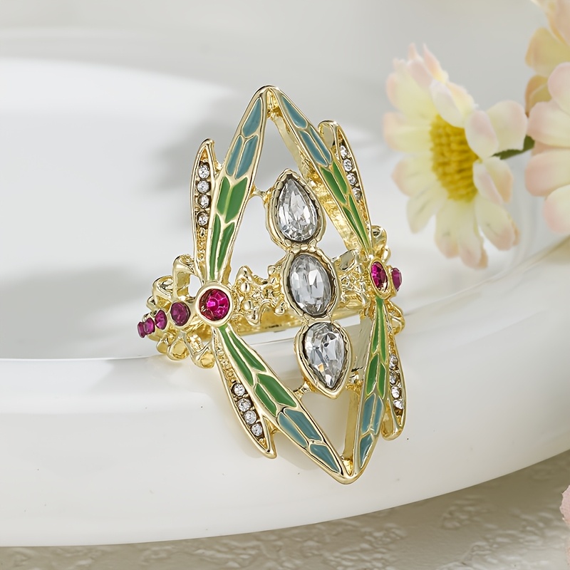 TEMU 1pc Women's Vintage Bohemian Dragonfly Ring Blue/green/golden/turquoise Wings, Clear -accented Band, Artificial Cubic Synthetic Zirconia