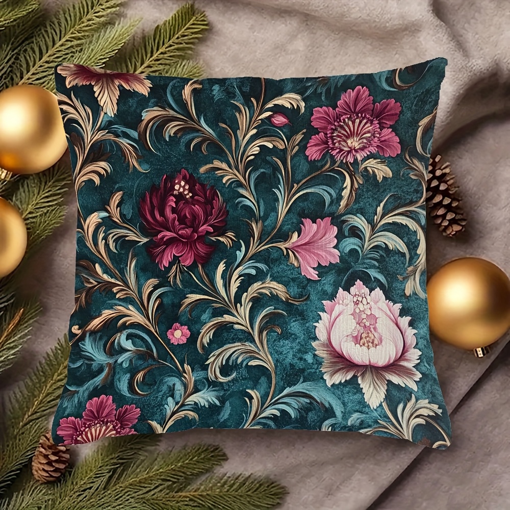 TEMU 1pc Of Double-sided Short Plush Decorative Pillow Cover In Ocean Teal And Burgundy Baroque Design, Measuring 18 Inches By 18 Inches, Ideal For