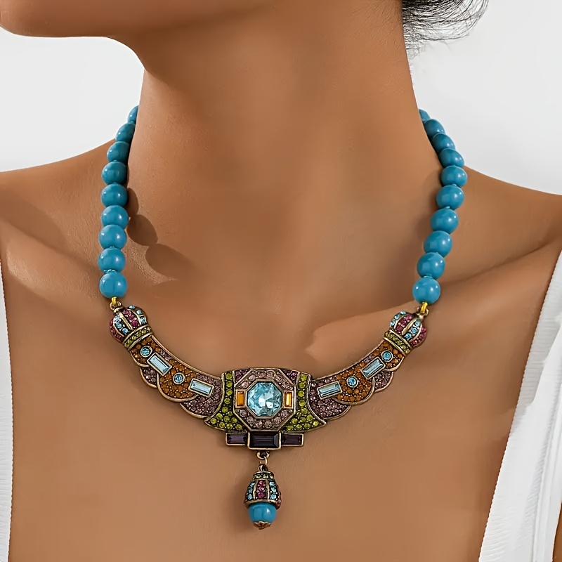 TEMU Men's Bohemian Blue Synthetic December Birthstone Necklace - Vintage-inspired Alloy Pendant With Accents, Turquoise Beads & Golden-tone-image-17598485301754