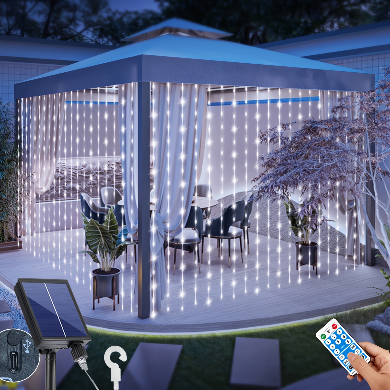 

Solar Curtain Lights Outdoor Waterproof 300 Led Waterfall Fairy String Lights With 8 Modes Remote Type C Charging Dimmable Timer Twinkle Light For Christmas Gazebo Party Wedding Window