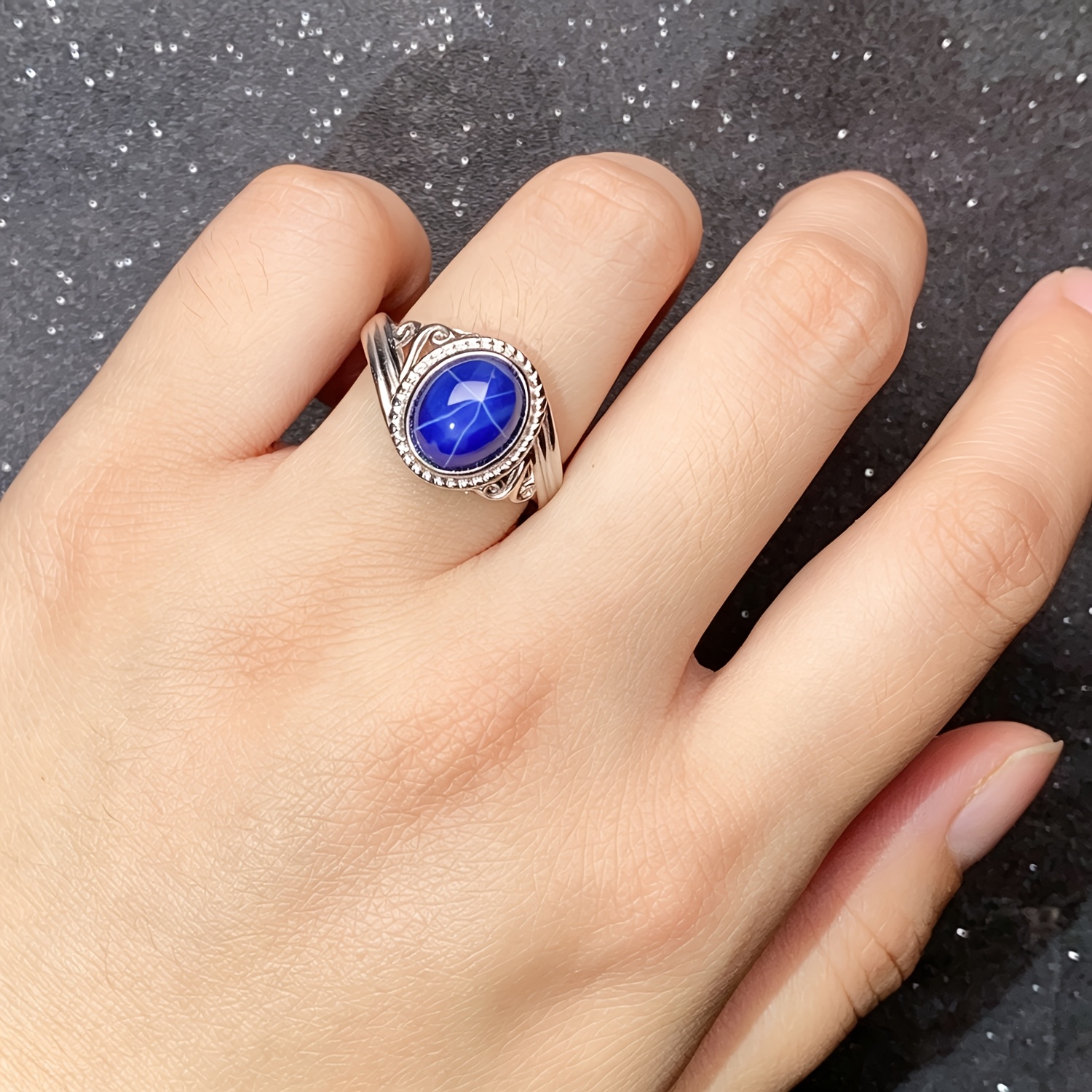 925 Silver Starlight Blue Stone Adjustable Ring, Luxury Gift