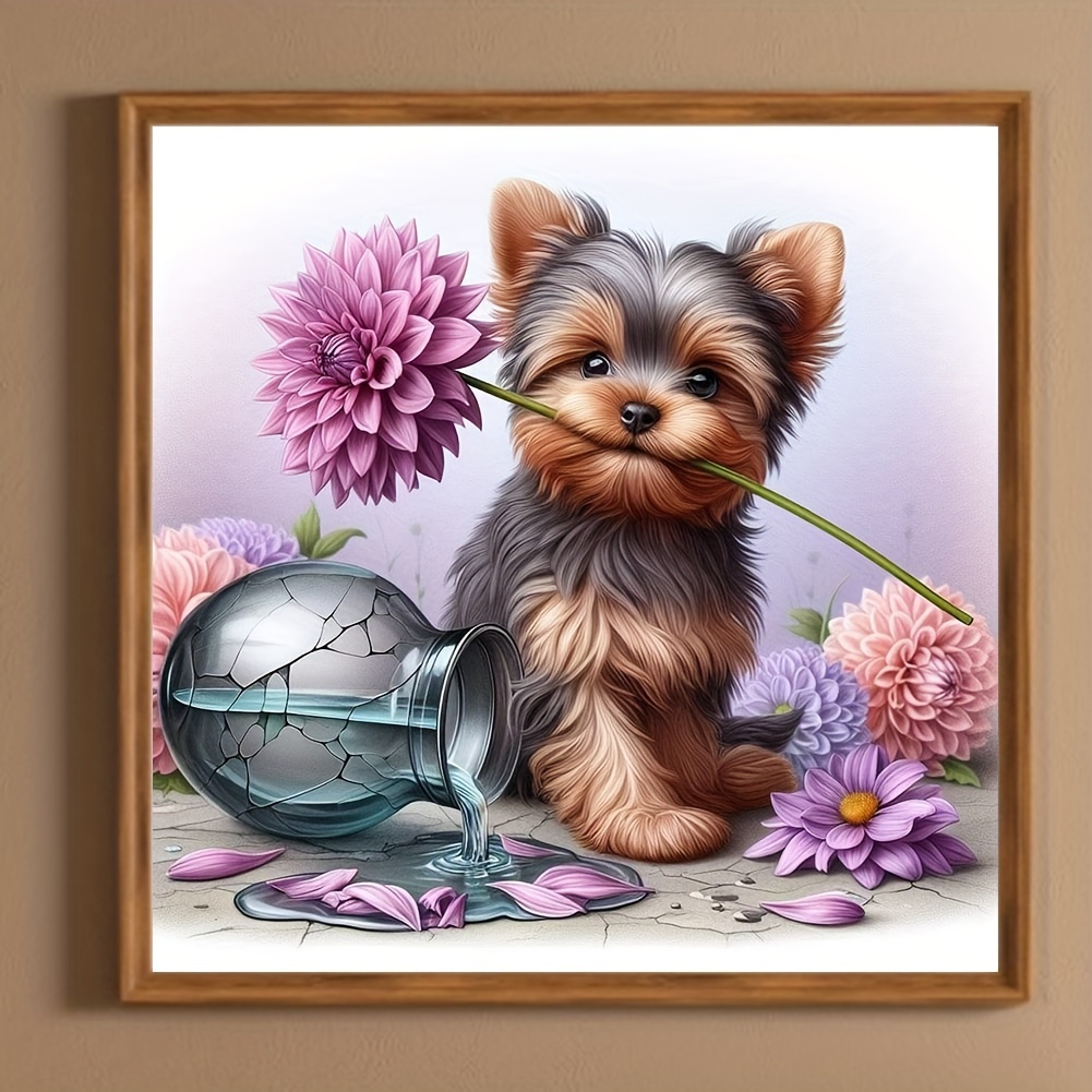 

Round Diamond Painting Kit - Acrylic Pmma, Yorkie Puppy With Flowers Design, Frameless Diy Set