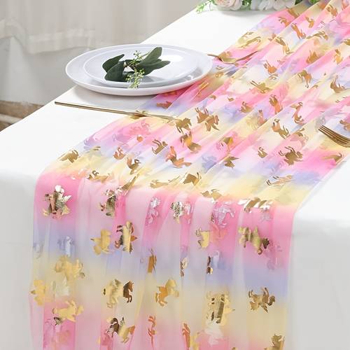 1pc unicorn hot stamping mesh table runner 180 75cm ow colors unicorn theme party table flag wedding bride party deco tion happy birthday party supplies baby shower party dining table decor anniversary party decor party table flag