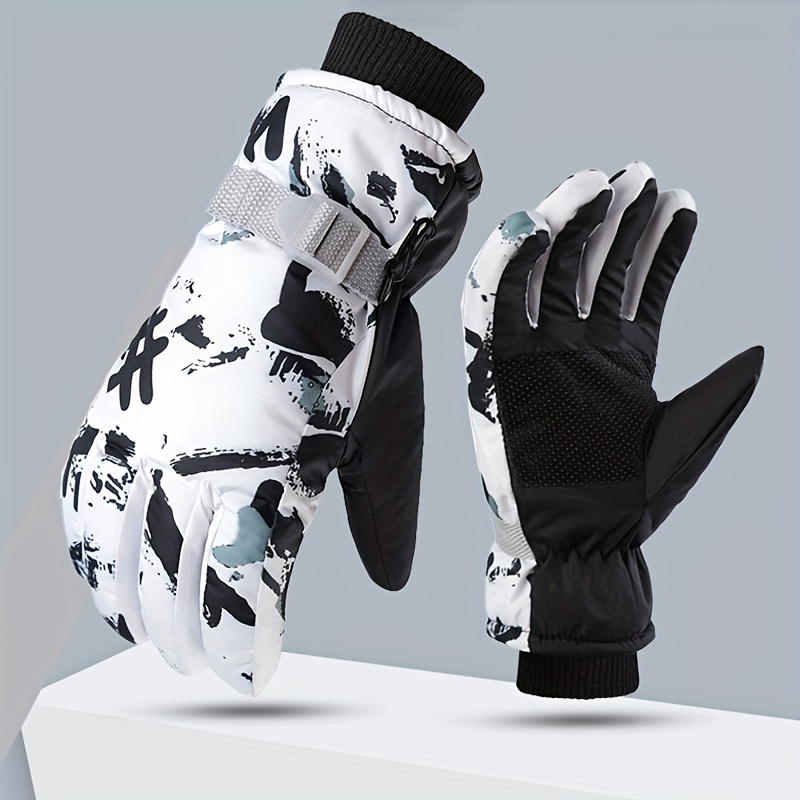 Winter Men'S Thermal, Thick, And Non-Slip Gloves for Cycling And Outdoor Activities, Featuring White Graffiti Design for Skiing And Biking.