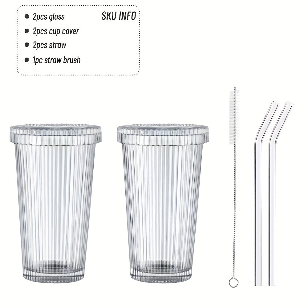 Image of 2/4pcs Striped Glass Cup For Iced Coffee, Juice, Milk Tea, Ice Cream, Beer, Whiskey, 380ml/12.8oz With Dustproof Lid, Straw And Straw Brush, Suitable For Home Daily Use, Restaurants, Cafes, Ktv Etc