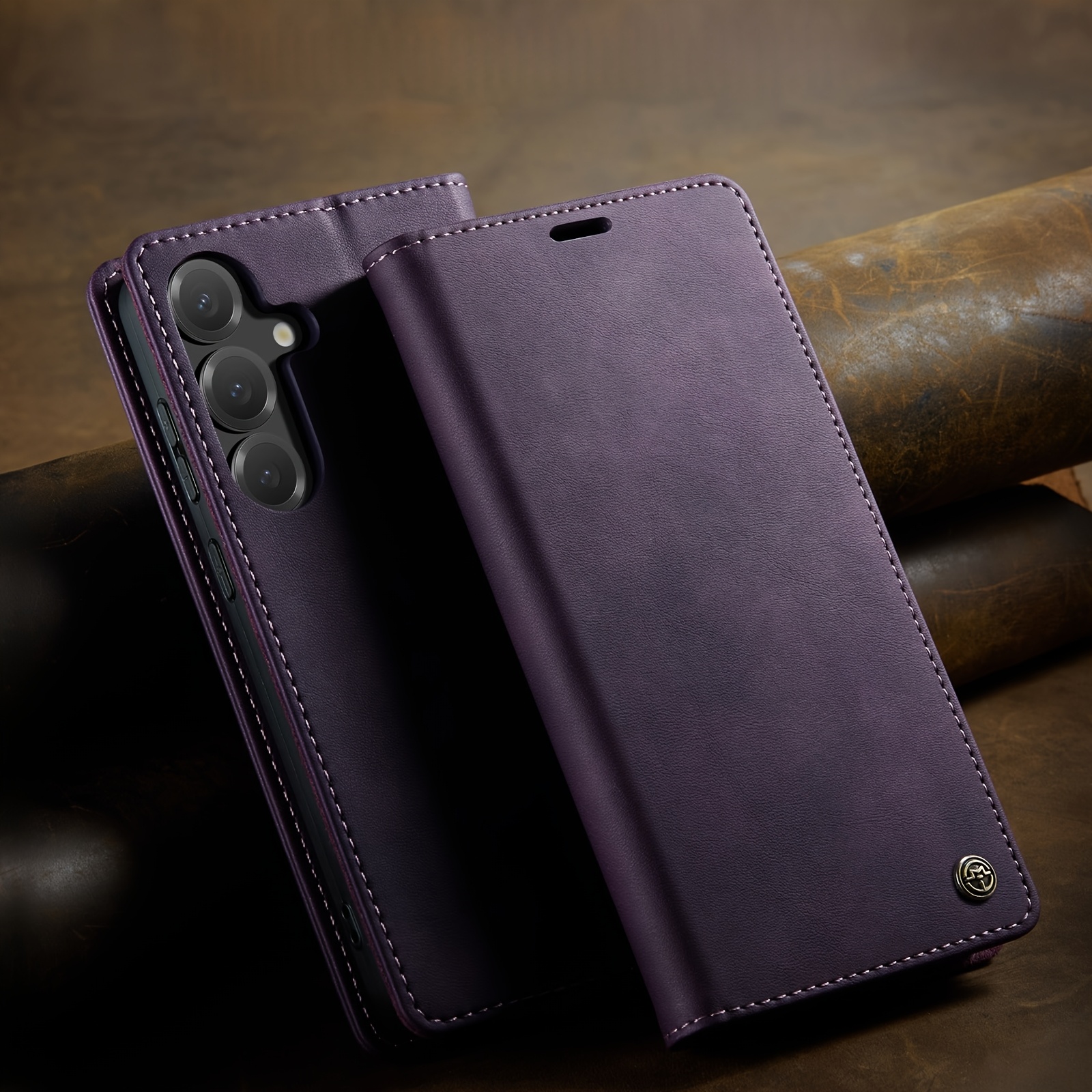 TEMU Phone Case: Business-style Calfskin-pattern Premium Texture Men's And Women's Wallet Card Holder With Slots And Stand, Cute Synthetic Leather
