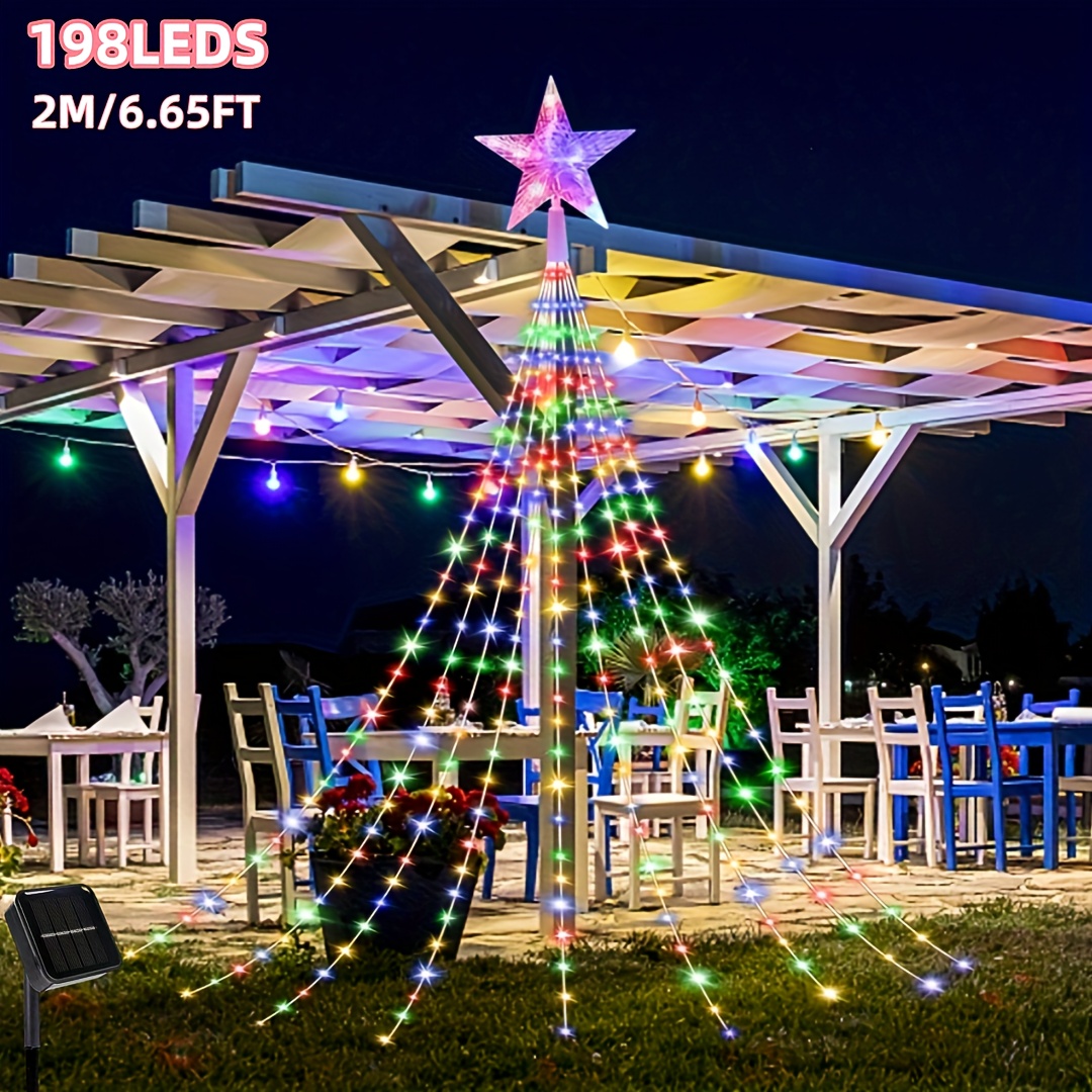 TEMU 1pc 200cm/78.74inch 198leds, Five-pointed Star Waterfall Light, Christmas Solar Decorations String Lights, Solar Outdoor Camping Light, Ip65