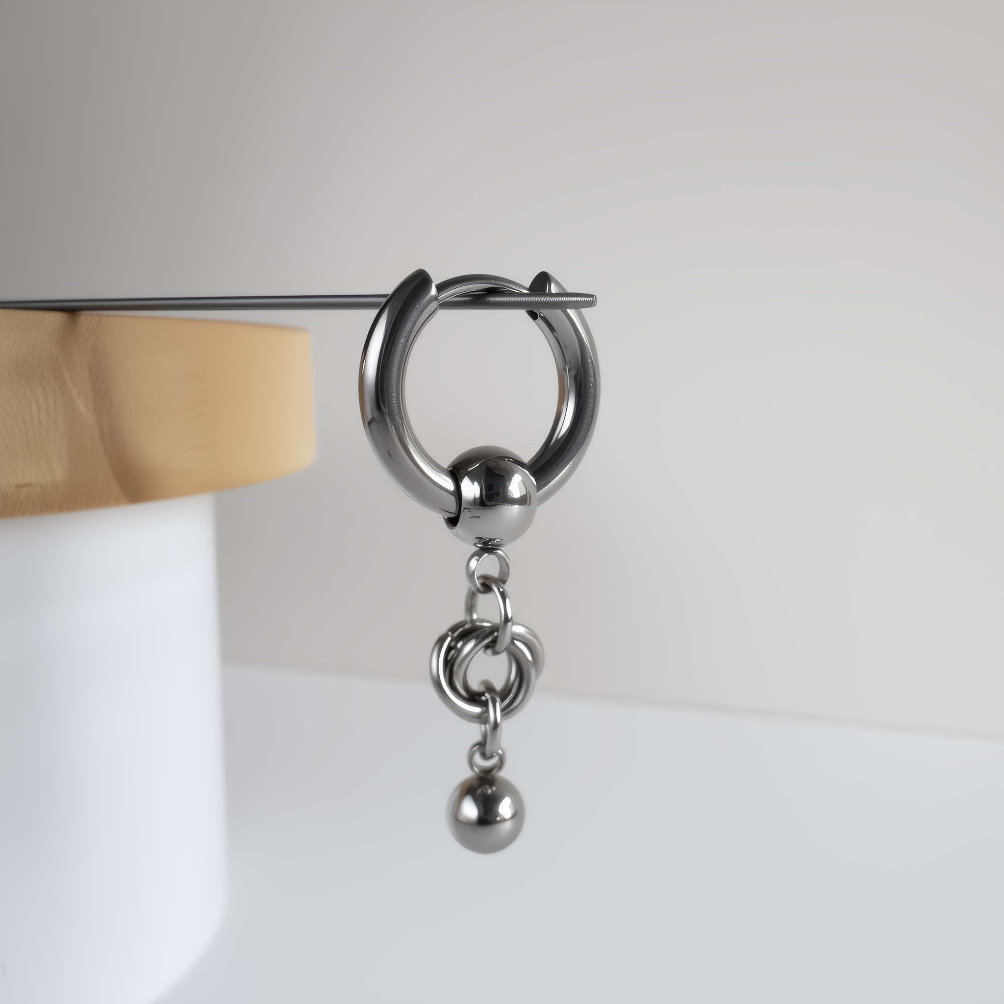 Image of Round Pendant Chainmail Style Stainless Steel Hoop Earrings