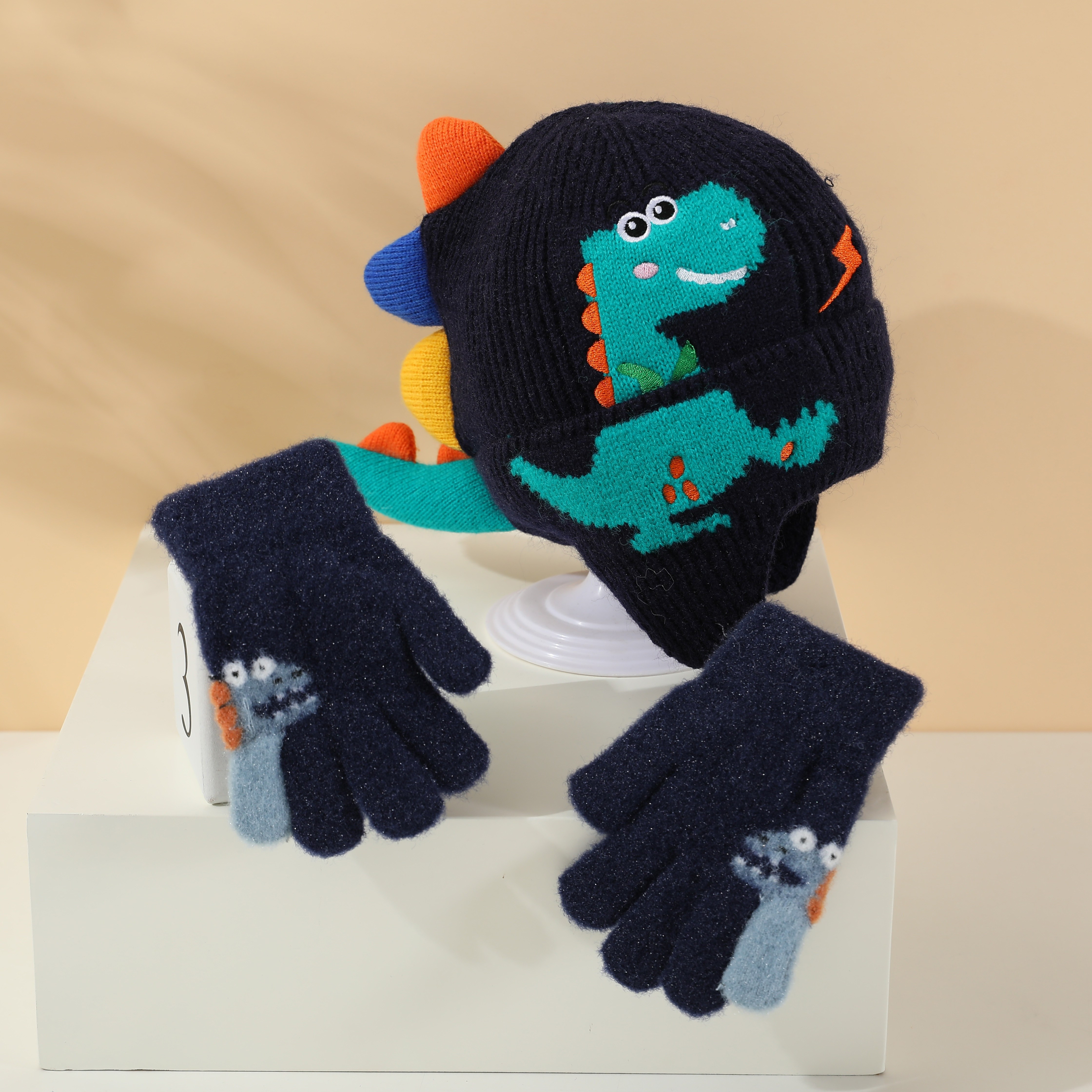2pcs Hat And Gloves Set, Autumn Winter -lined Thickened Warm Cute Dinosaur Knit Hat With Ear Protection For Boys And Girls, Suitable For Outdoor Skiing And Skating, 3-8, Head 50-54cm