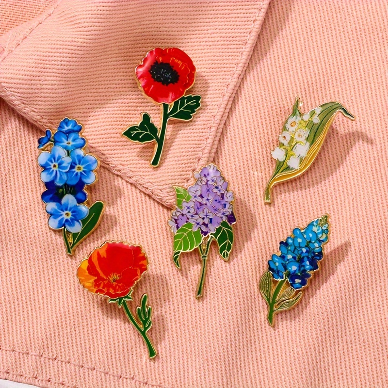 

6pcs Vintage Pins Set, Rose, Lilac, And Hyacinth Designs, Alloy Brooches For Clothing And Bag Decoration, Mixed Color Flower Badges For