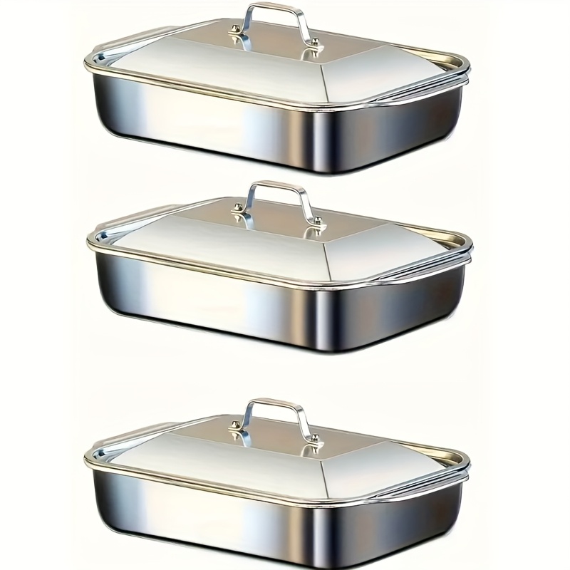 E-shop 6er-Set aus 3 Sets mit Deckeln Edelstahl Backformen Verdickte Antihaft-Rechteckige Grillpfanne Backwerkzeuge Geeignet für Outdoor Buffet-Szenen
