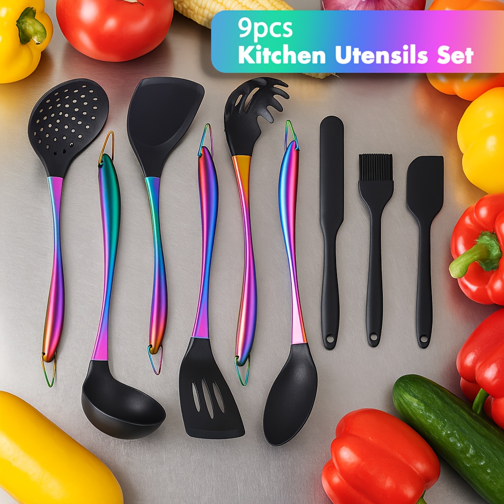 TEMU 9pcs Silicone Cooking Utensils, Rainbow Kitchen Utensils Set, Titanium Cooking Utensils Set With Stainless Steel Handle, Silicone Spatula, Heat