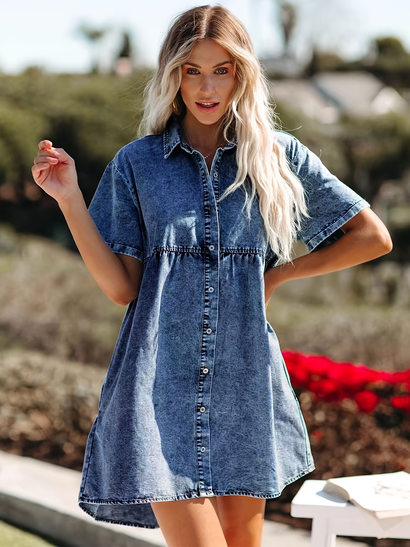 casual cute plain washed blue short sleeve lapel loose fit Temu Ireland