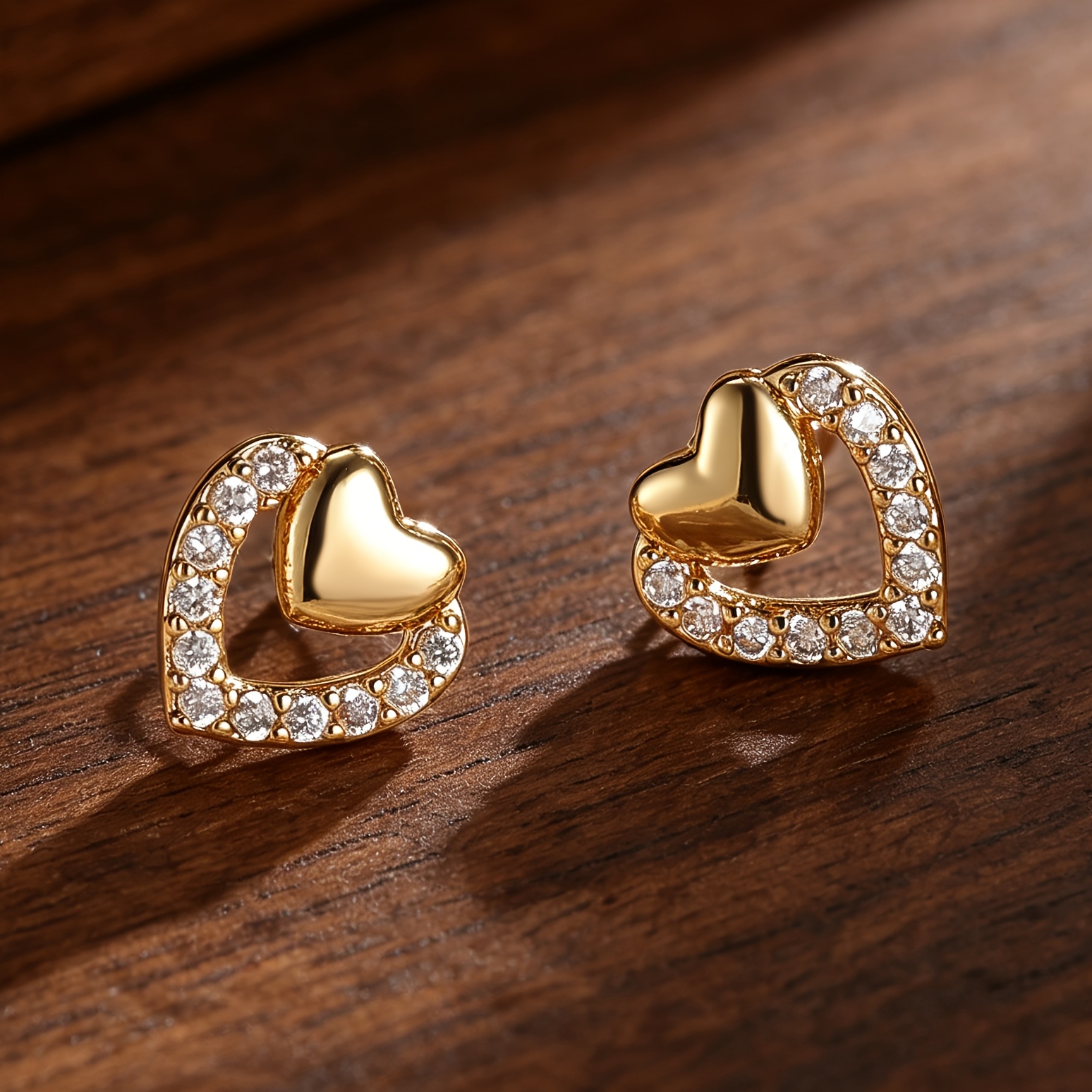 TEMU Light Luxury Exquisite Heart Stud Earrings, Niche Design Double-layer Synthetic Zirconia Earrings, Girly Commuting Ear Accessories, Copper