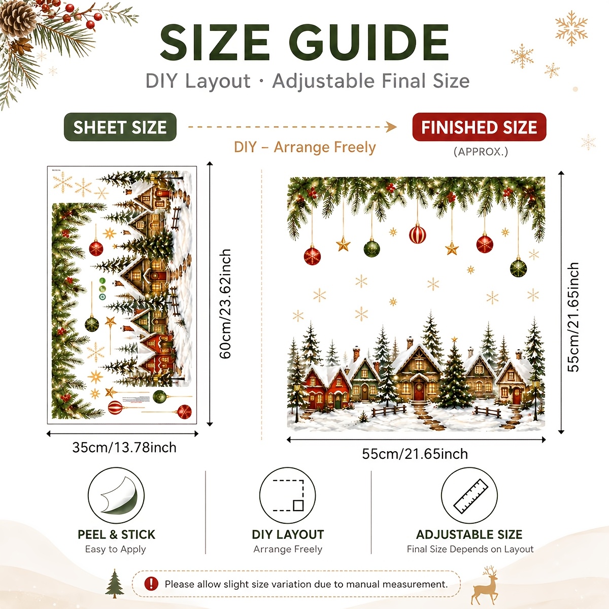 TEMU 1pc 35x60cm Christmas House Window Sticker Snowy Cabin Pine Tree Bauble Star Pine Branch Self Adhesive Vinyl Decal For Glass Window Home Holiday
