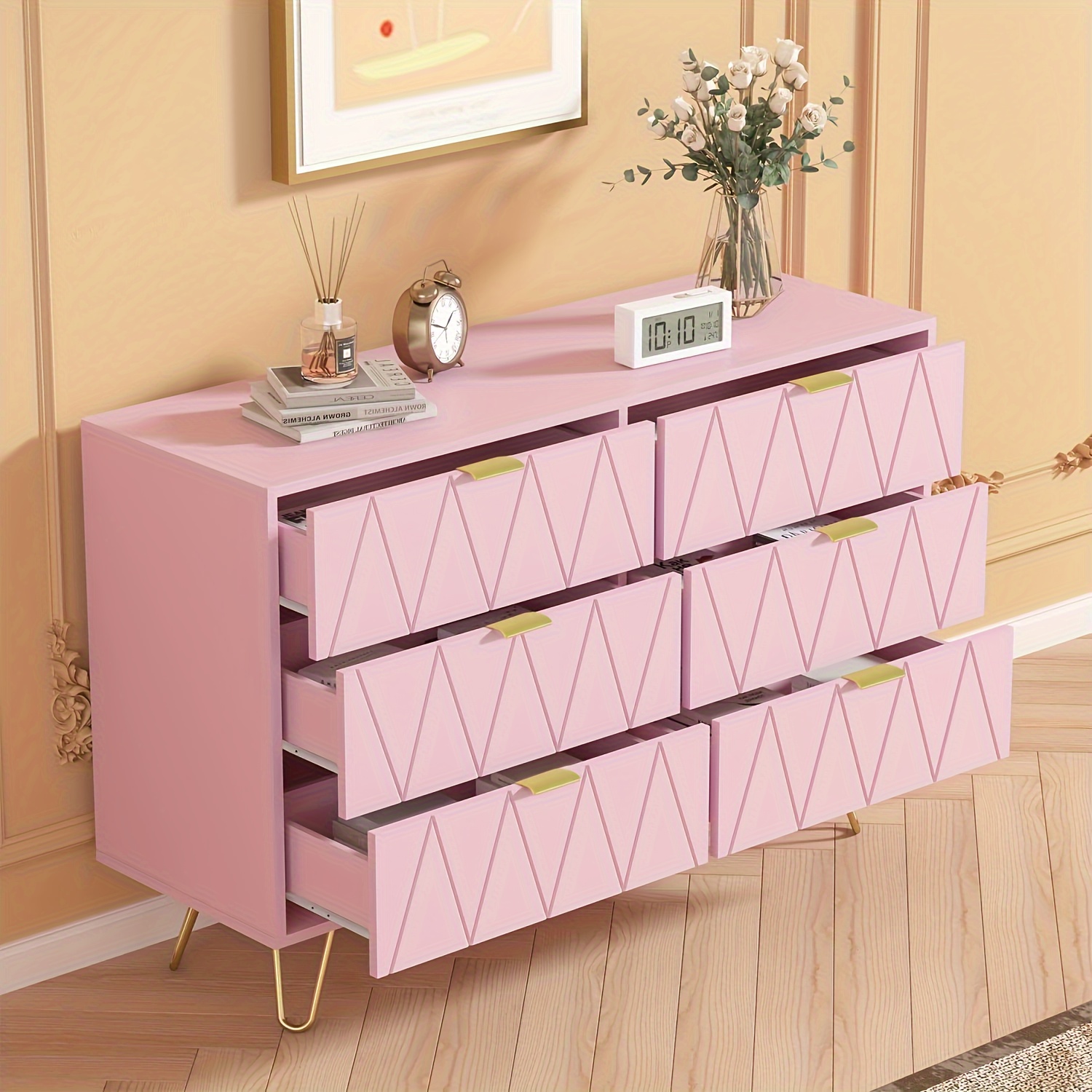 

Dresser For Bedroom, 6 Drawer Dresser, Wide Large Dressers & Chest Of Drawers, Modern Dresser With Gold Handles For Bedroom Living Room Entryway, White Black Pink