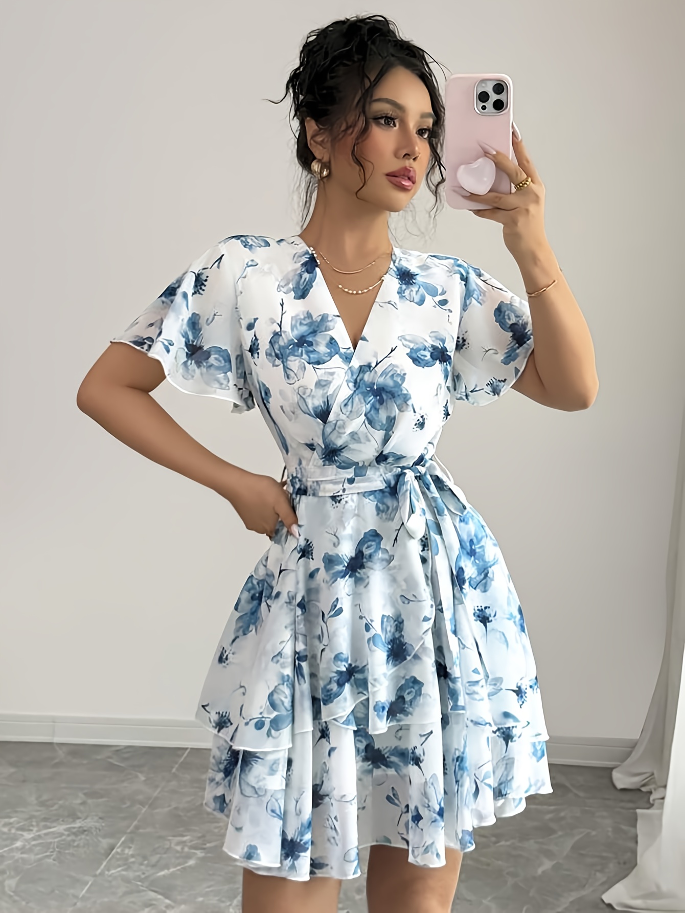 Women's Casual V-Neck Ruffled Sleeve A-Line Dress with Floral Print & Waist Tie Belt - Lightweight Breathable Machine Washable for Spring Summer Fall, Seasonal Fashion, Nontransparent Fabric