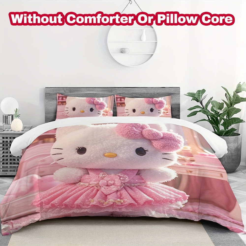 TEMU Bedding 3pcs Bedding, Hello Kitty Duvet Cover Set, Cartoon Cute Bedroom Accessories - 1duvet Cover & 2 Pillowcase (no Core) - Soft And Durable
