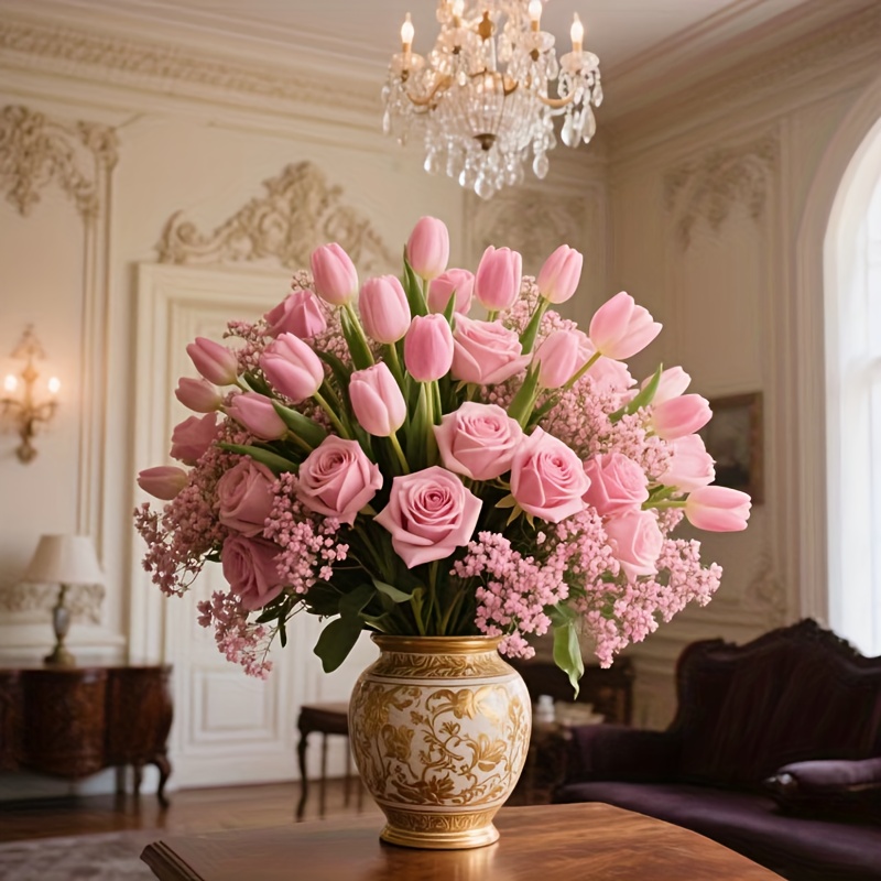 A Bouquet of 38 Artificial Roses, Tulips, And 'S Breath, Realistic Home Decor Suitable for Living Rooms, Tabletops, Gardens, Malls, Coffee Shops, And More - Usable All Year Round Without Maintenance, Perfect for Anniversaries, Thanksgiving