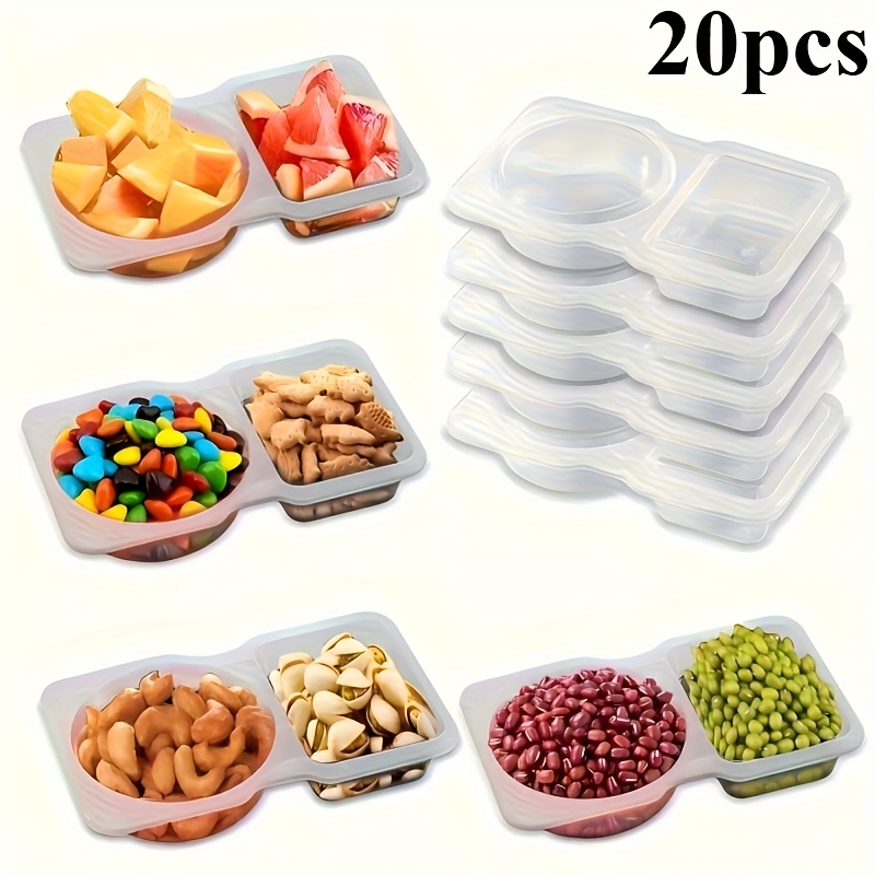   30pcs collapsible double compartment food containers reusable foldable plastic snack condiment containers with lids for oil vinegar spices nuts cheese portable kitchen picnic essentials lunch box organizer condiment storage transparent storage   plastic   material