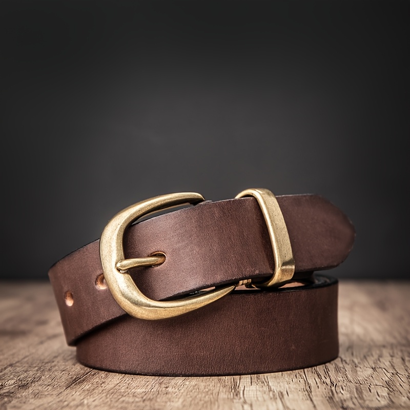 Vintage Unisex Belt Made From Top-grain Cowhide With Distressed Brass Horseshoe , Regular Fit, Not Washable - And Fashionable Distressed Vintage Denim Belt