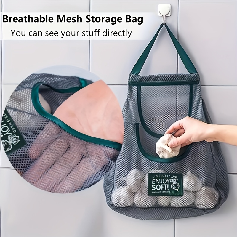 TEMU Multi Functional Kitchen Storage Mesh Bag - Wall Mounted Organizer For Carrying Fruits, Vegetables, Ginger, And Garlic, Hollow Mesh Bag | Accessory
