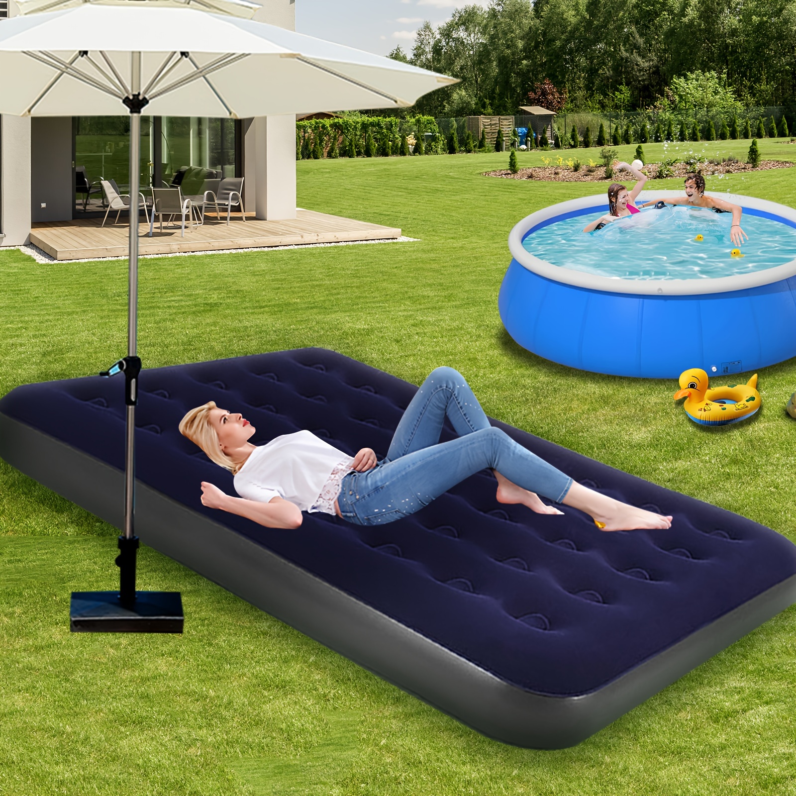 

Large Portable Inflatable Mattress, Flocking Fabric Comfortable Air Mattress, For Summer Indoor Outdoor Yard Camping
