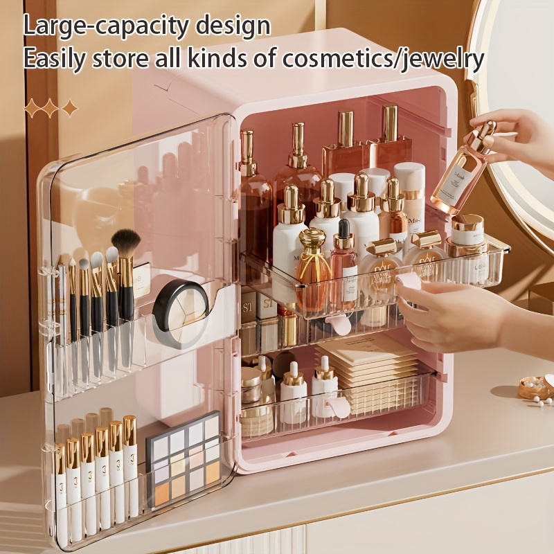 contemporary multi purpose desktop storage cabinet with built in drawers categorized compartments large capacity organizer for jewelry cosmetics makeup brushes lipsticks bottles durable plastic with magnetic closure perfect gift for valentines day mothers day graduation cosmetic holder   transparent side door sturdy construction home organizers Product details 4