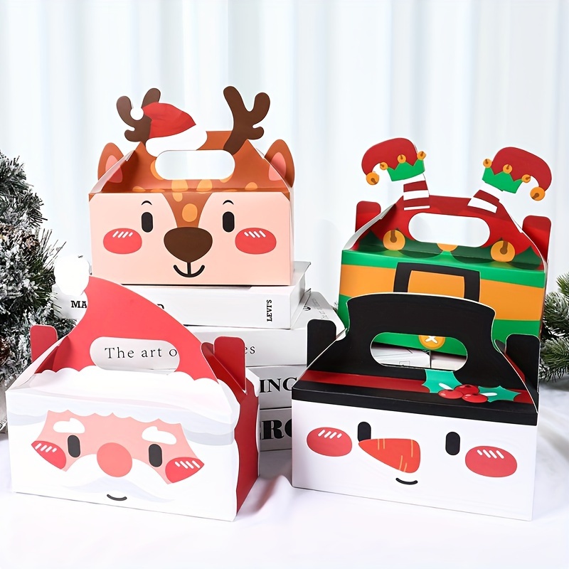 

4-pack Christmas Themed Paper Gift Boxes - Cartoon Santa, Reindeer, Snowman Portable Treat Boxes For Holiday Party Favor, Candy Packaging, And New Year Present Bags