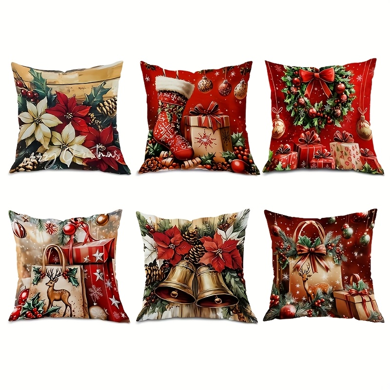 TEMU 6pcs 2d Double Sided Printed Christmas Throw Pillow Covers, Red Xmas Design With Stockings, Gifts, Wreaths, Balls & Reindeer, Zipper Cushion