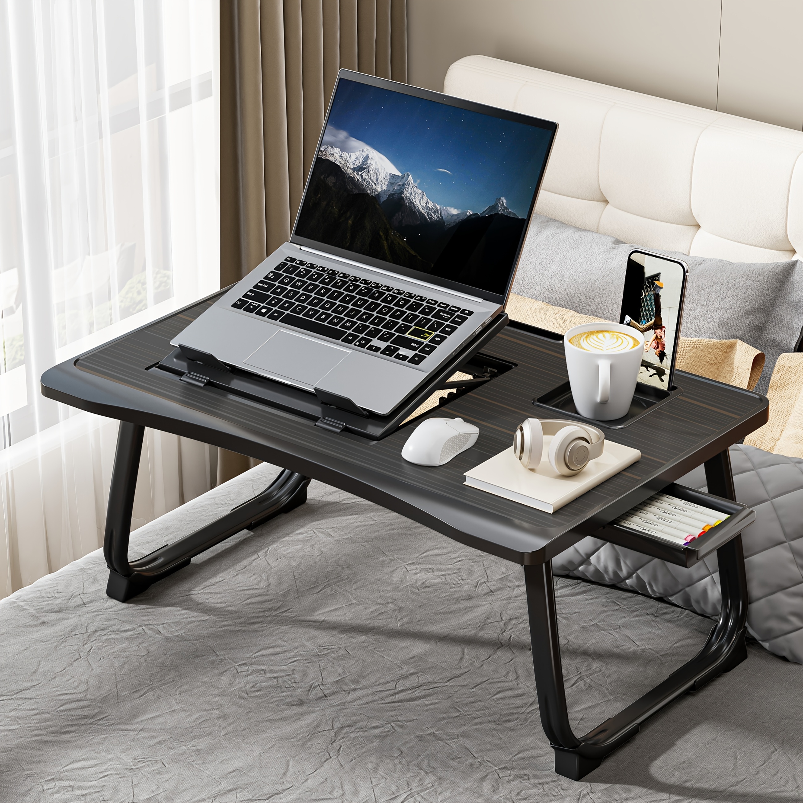foldable portable bedside laptop desk with 6 speed adjustable height bed table suitable for s compact bed desk with cup holder storage drawer wood for bedtime reading
