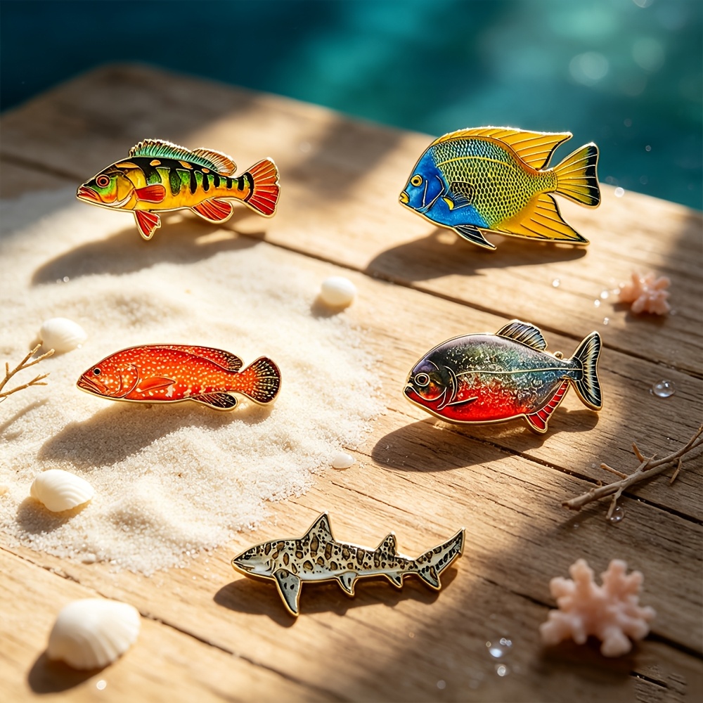 TEMU 5pcs Vivid Shape Enamel Lapel Pin Set, Printed Marine Animal Metal Tie Tack Brooches, Colorful Decor Badges For Jacket Backpack Hat, Collectible