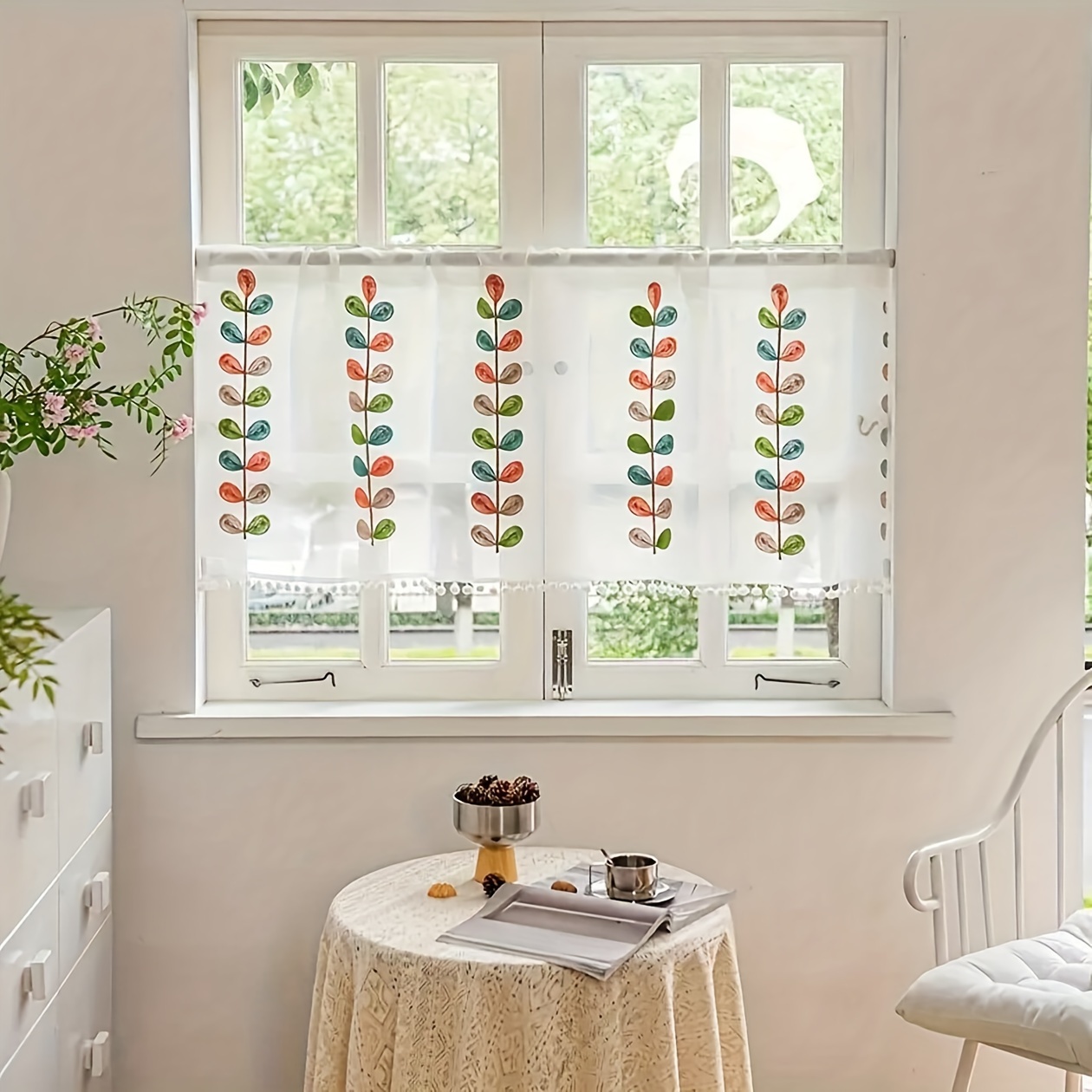 

1pc Fresh Embroidered Leaf Combination, Universal Window Curtain Short Curtain